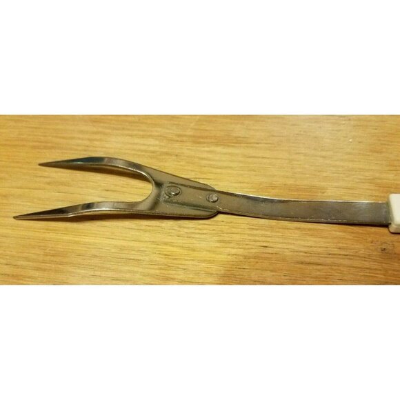 VINTAGE Robinson Knife Steel Stainless Meat Fork 2 Wide Prong 11 1/4" Tan Handle - Picture 6 of 6